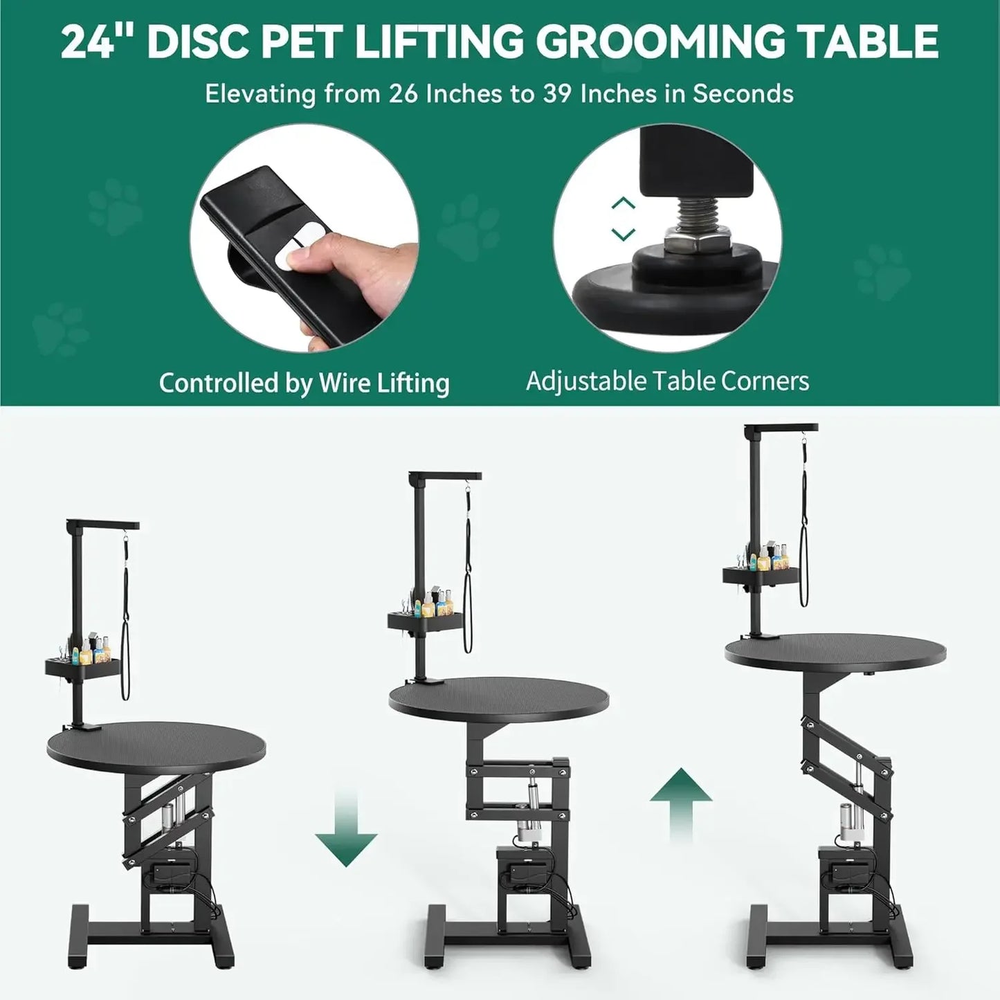 Electric Lift Dog Grooming Table 24" Rotating Desktop Pet Grooming Table for Dogs at Home, Adjustable Overhead Arm, Black