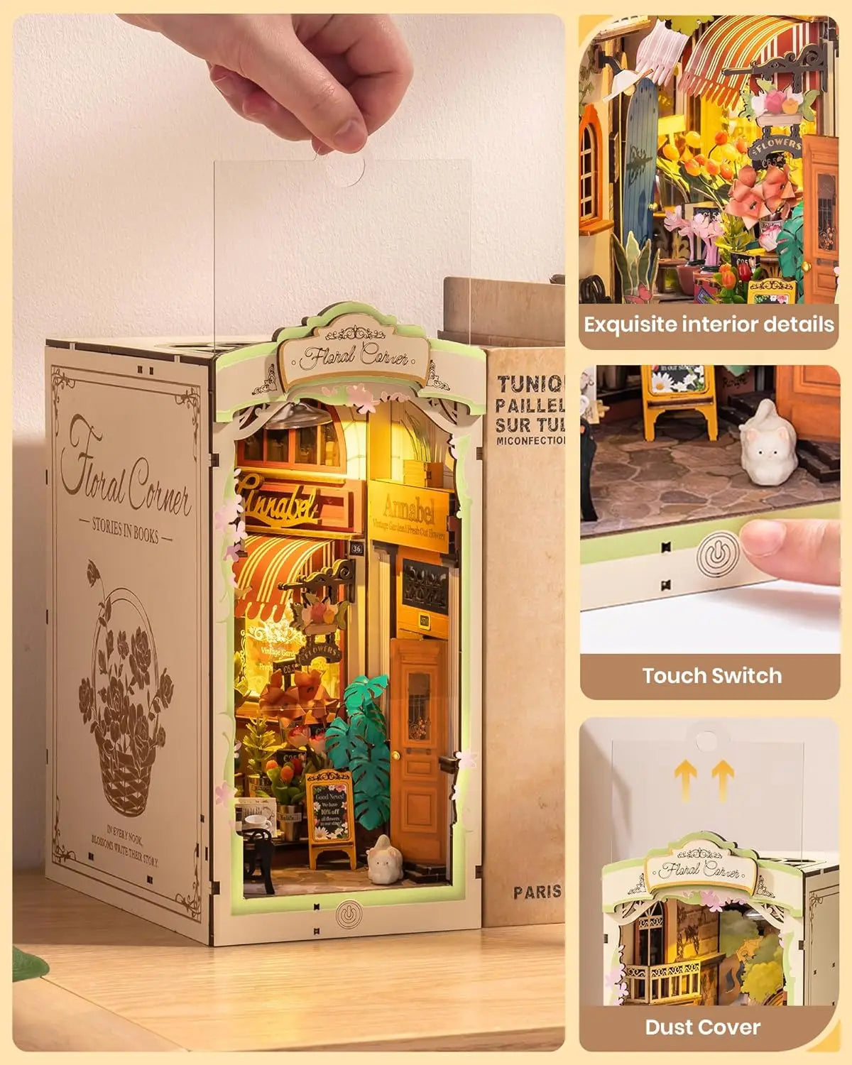Floral Corner Book Nook Kits with LED Lights Miniature 3D Wooden Puzzle Bookend Book Shelf Decoration Gifts for Adults