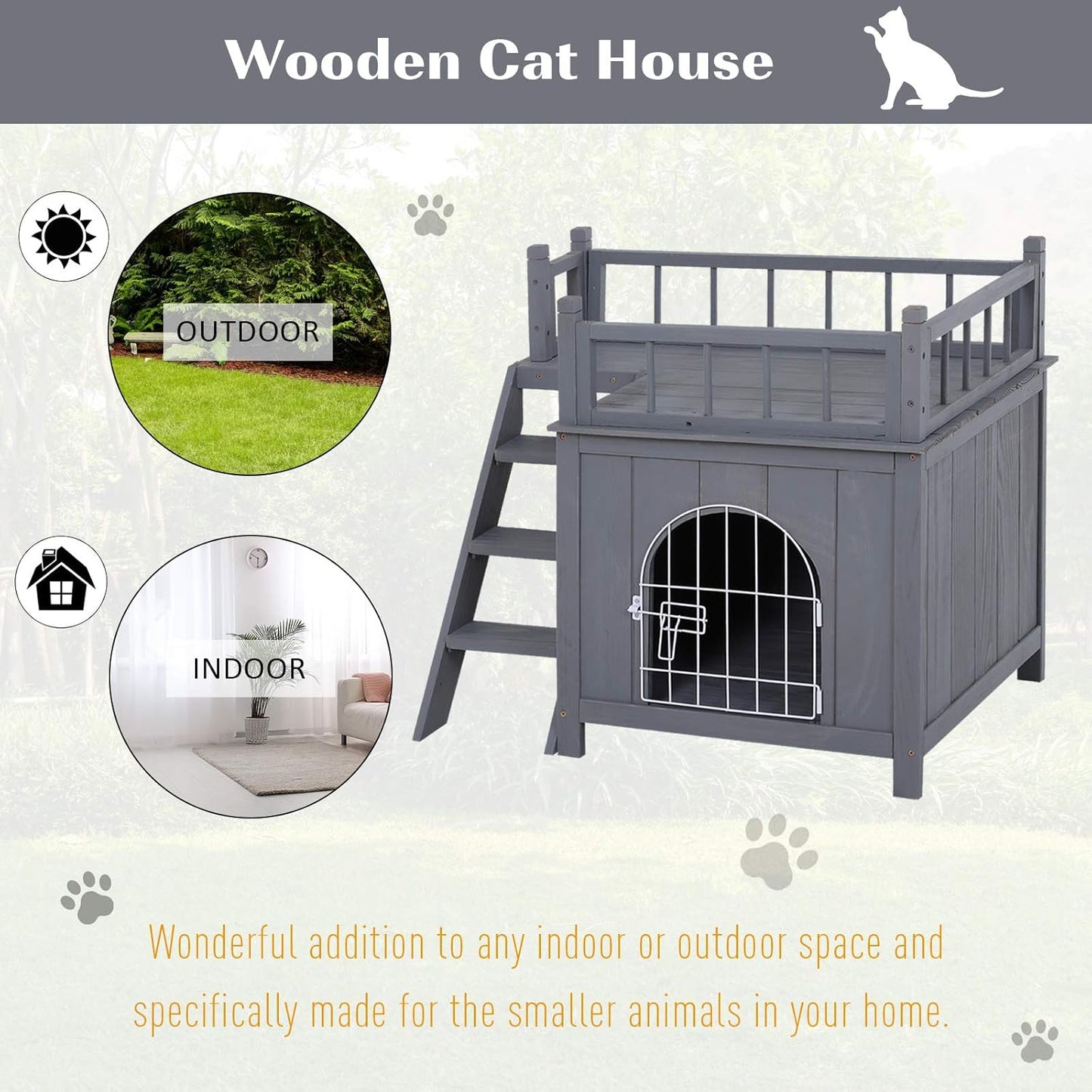 2-Level Wooden Cat House, Outdoor Dog Shelter Cat Condo with Lockable Wire Door and Balcony, Grey