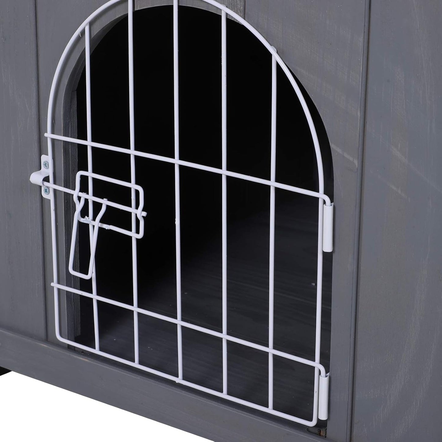 2-Level Wooden Cat House, Outdoor Dog Shelter Cat Condo with Lockable Wire Door and Balcony, Grey