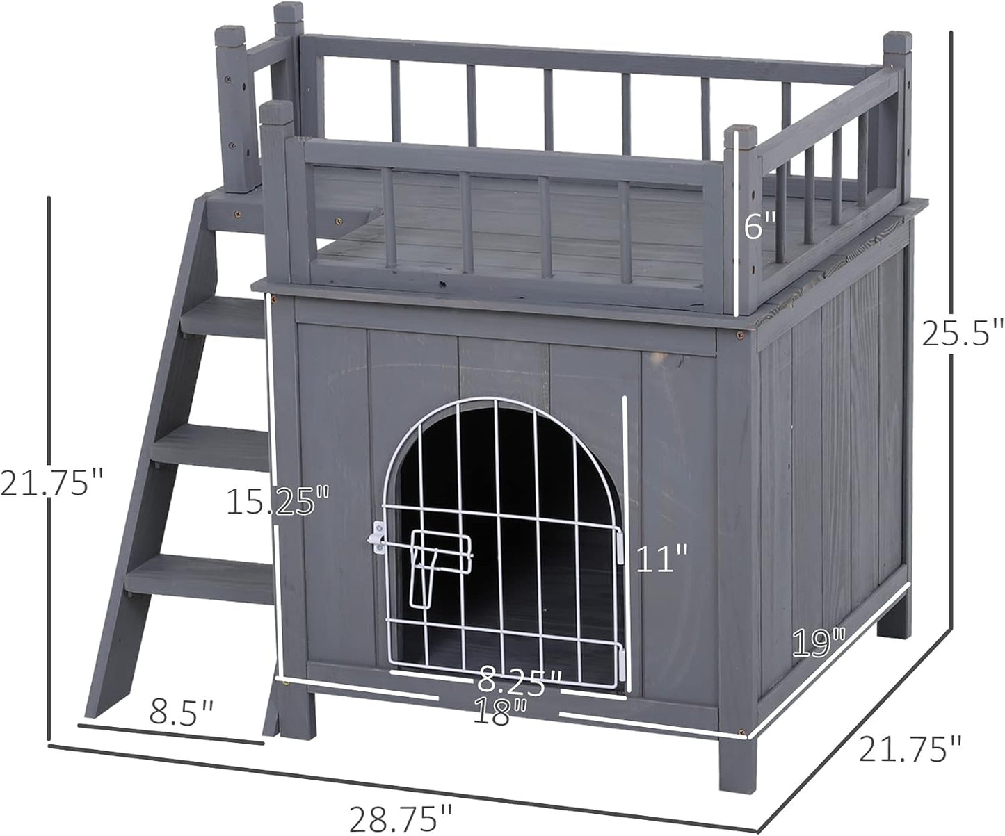 2-Level Wooden Cat House, Outdoor Dog Shelter Cat Condo with Lockable Wire Door and Balcony, Grey