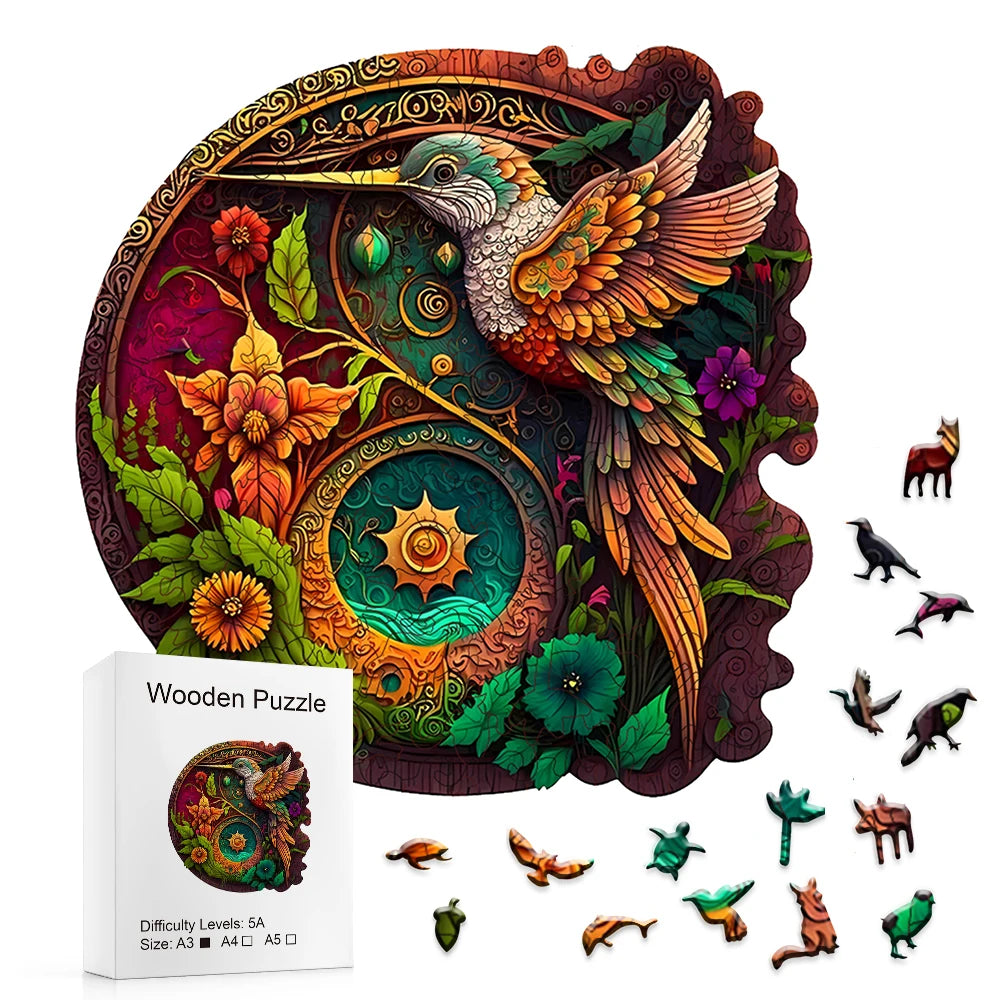 Hummingbird Disc Wooden Colorful Jigsaw Puzzle, Alien Shape Animal Jigsaw Puzzle Adult Stress Relief Super Difficult Educational