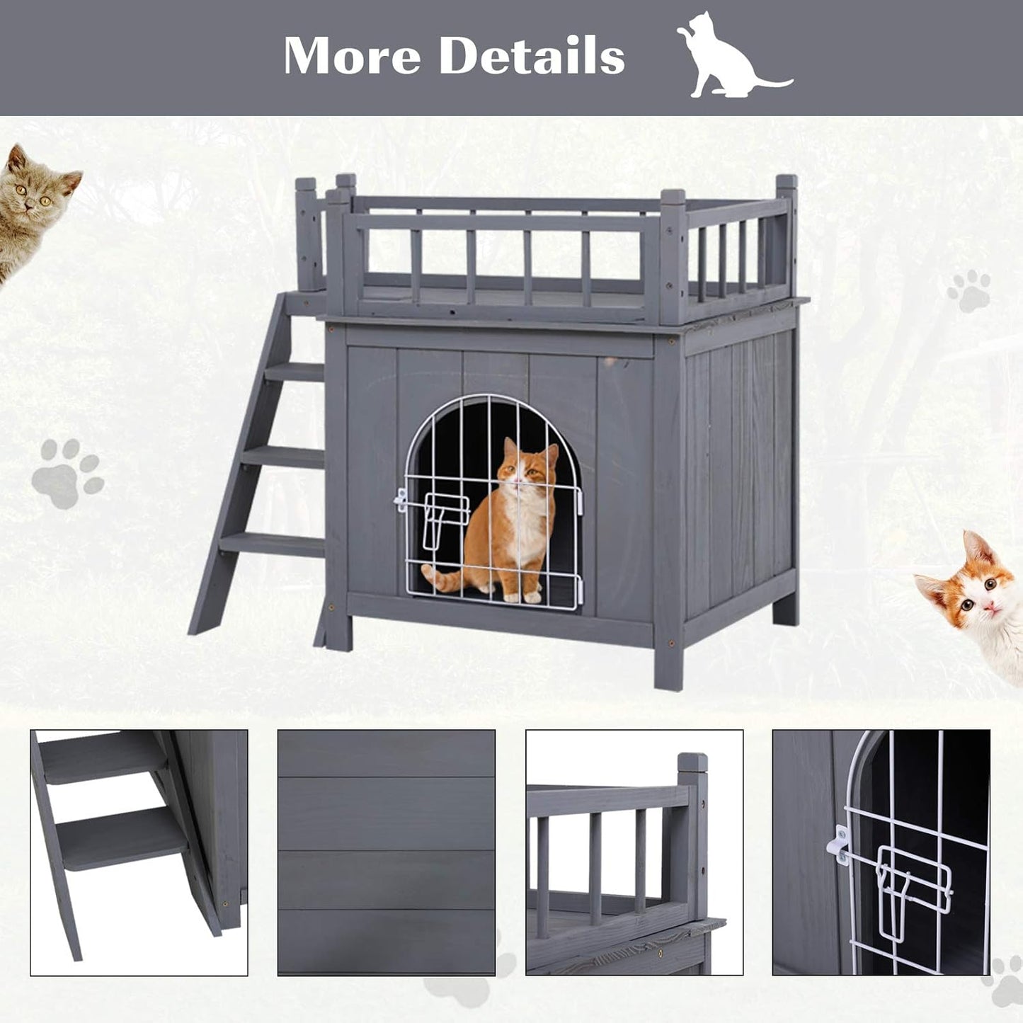 2-Level Wooden Cat House, Outdoor Dog Shelter Cat Condo with Lockable Wire Door and Balcony, Grey