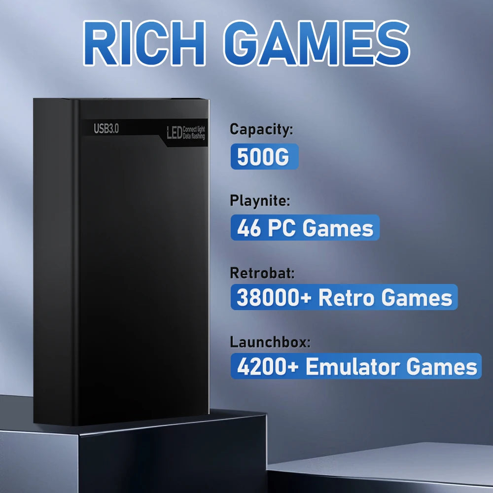 500G Game HDD Launchbox&Retrobat&Playnite System Game Console with 38200+Retro/Pc Games for Ps3/Ps2/Switch/Mame/Saturn/Xbox/Wii