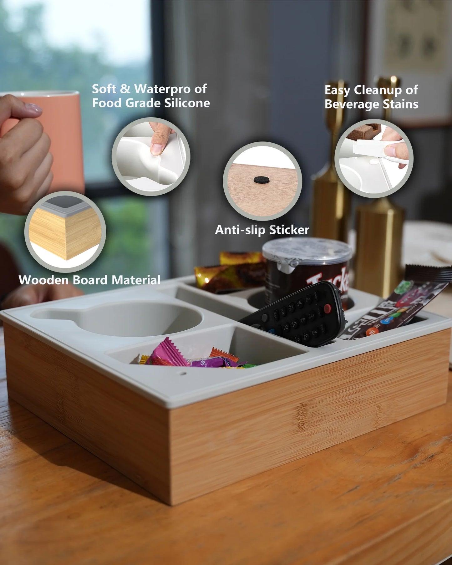 Couch Cup Holder Tray, Handy Silicone Bamboo Couch Caddy with Rotatable Phone Holder for Bed Car Seat Organizer, Waterproof Anti-Spill Sofa Cup Holder for Snacks Beverage Remote (Gray)