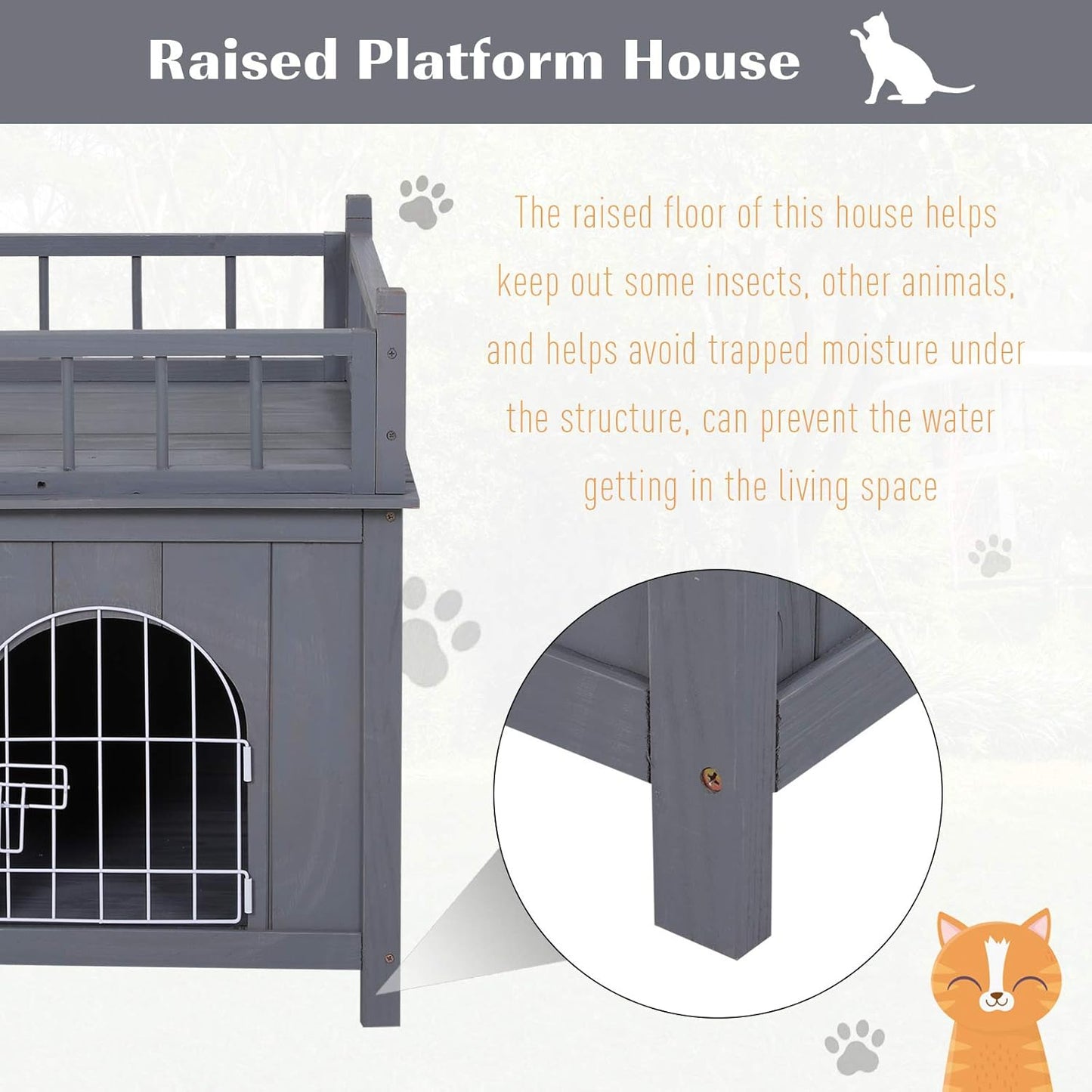 2-Level Wooden Cat House, Outdoor Dog Shelter Cat Condo with Lockable Wire Door and Balcony, Grey