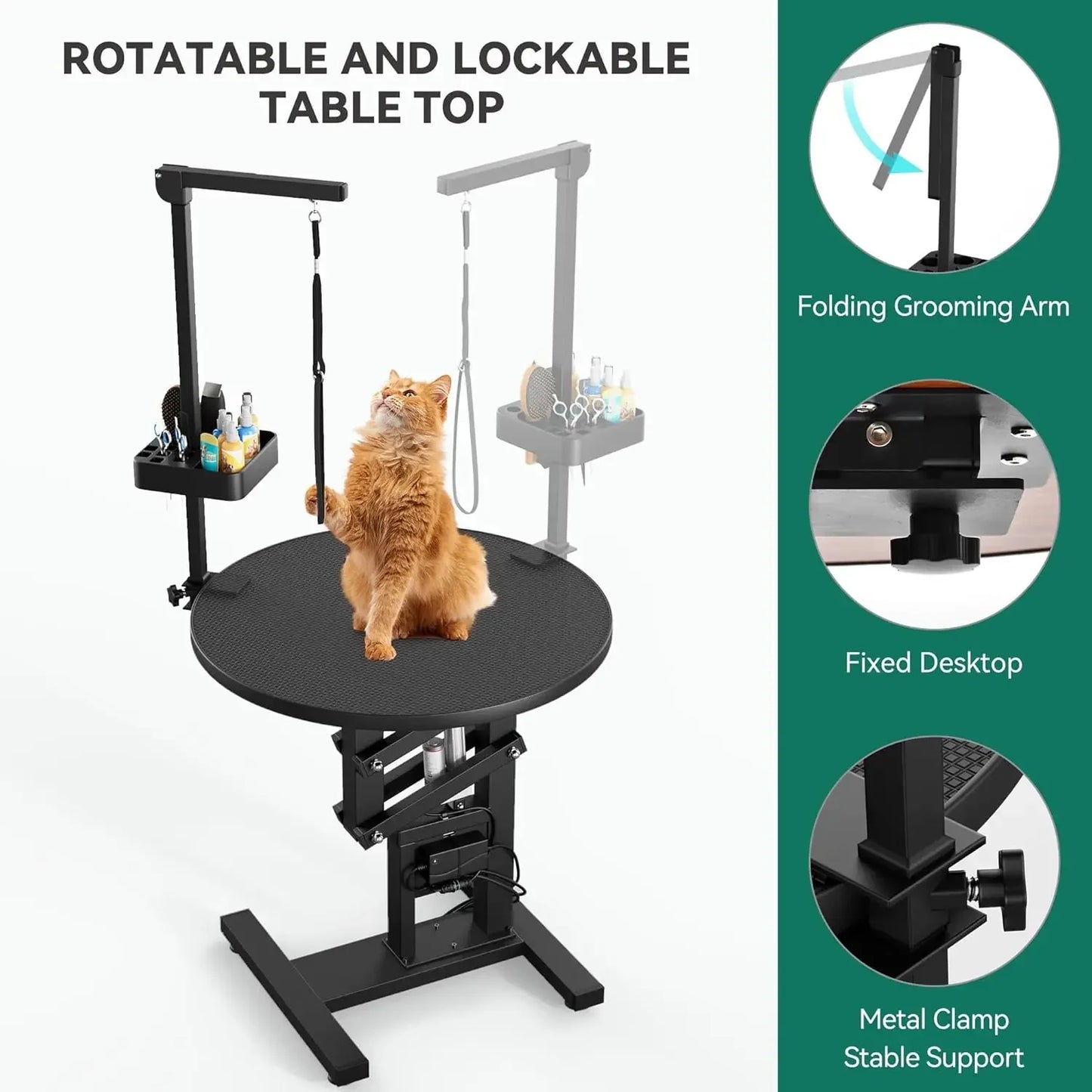 Electric Lift Dog Grooming Table 24" Rotating Desktop Pet Grooming Table for Dogs at Home, Adjustable Overhead Arm, Black