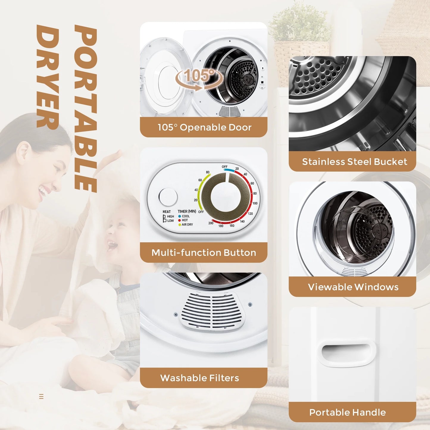 1.5 Cu.Ft Portable Clothes Dryer 850W Front Load with 200 Minute Timer for Apartment Home DOE Certified, White