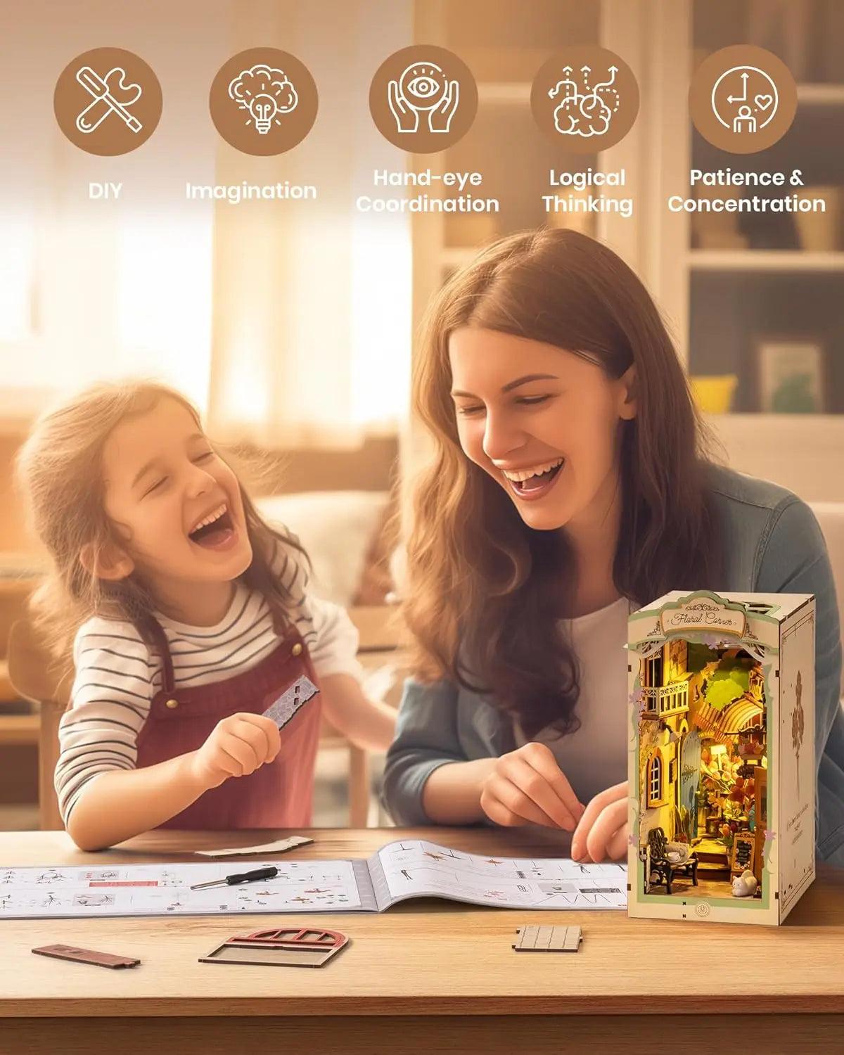 Floral Corner Book Nook Kits with LED Lights Miniature 3D Wooden Puzzle Bookend Book Shelf Decoration Gifts for Adults