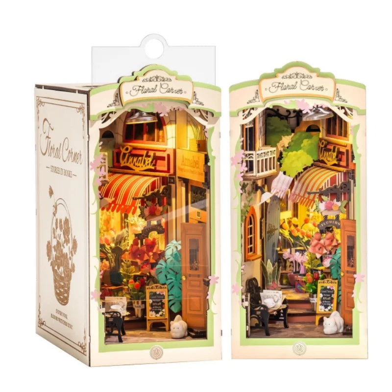 Floral Corner Book Nook Kits with LED Lights Miniature 3D Wooden Puzzle Bookend Book Shelf Decoration Gifts for Adults