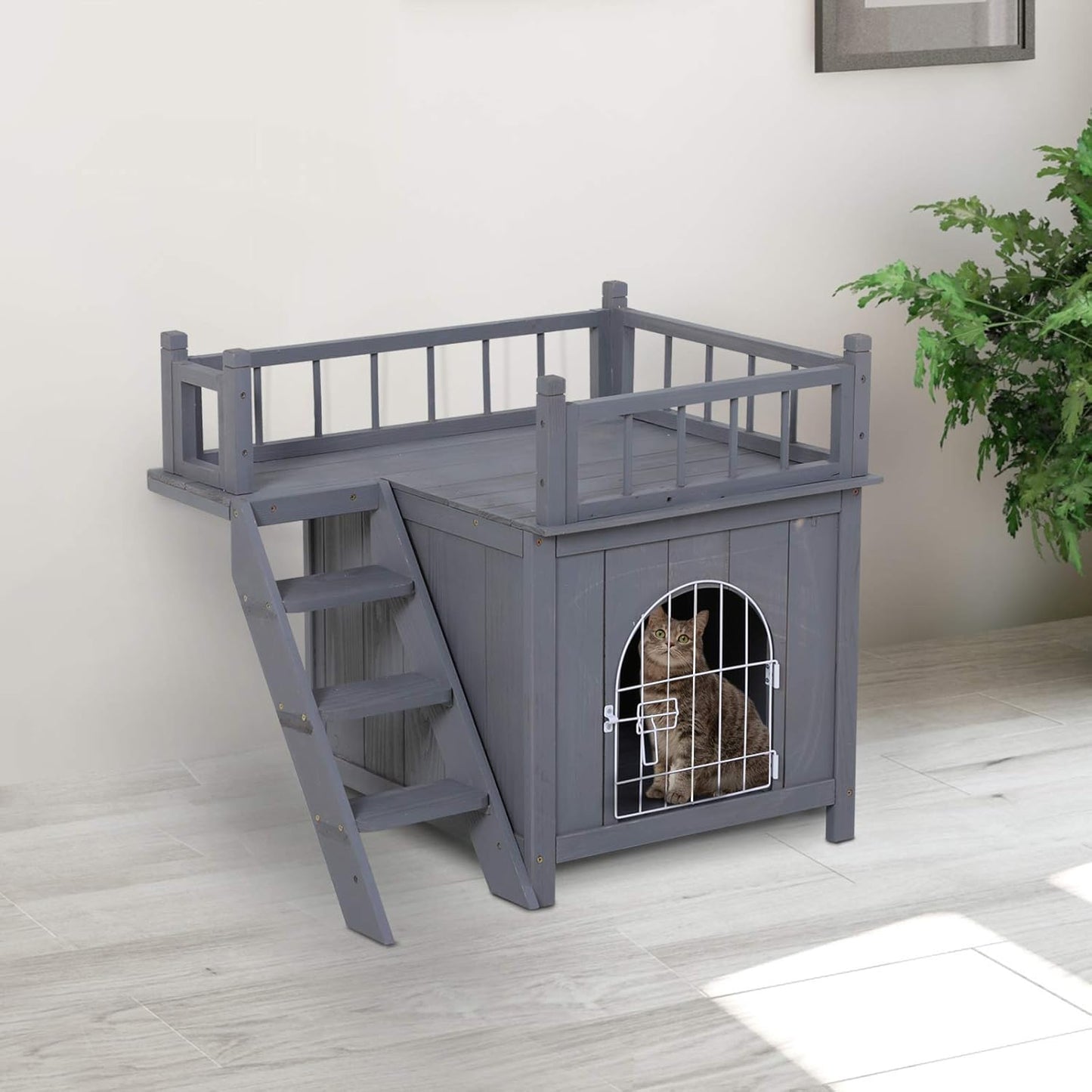2-Level Wooden Cat House, Outdoor Dog Shelter Cat Condo with Lockable Wire Door and Balcony, Grey