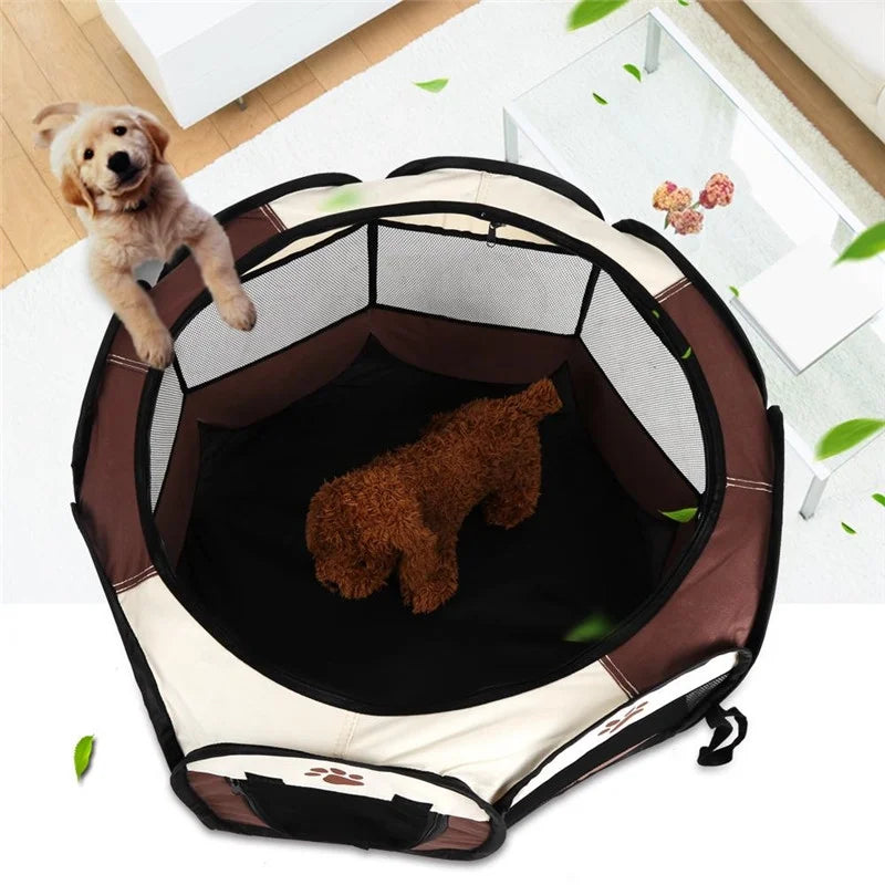 Pet Playpen Pet Cat Dog Portable Foldable Cage Exercise & Play Tent Mesh Cover Pop-Up Pet Playpens Dog Exercise Kennel Indoor Outdoor Use Coffee