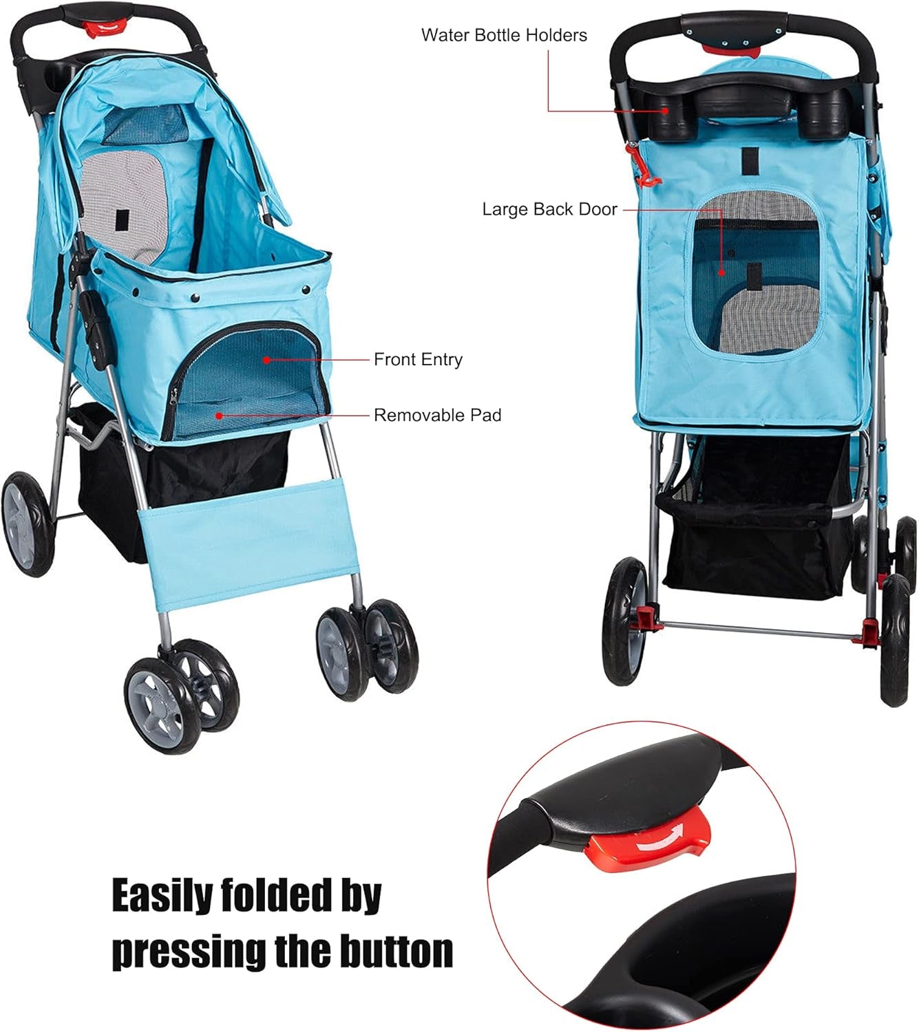 Folding Pet Stroller Elite Jogger Kitten Puppy Easy Walk Dog Cat Small Animals Travel Carrier with 360 Rotating Front Wheel