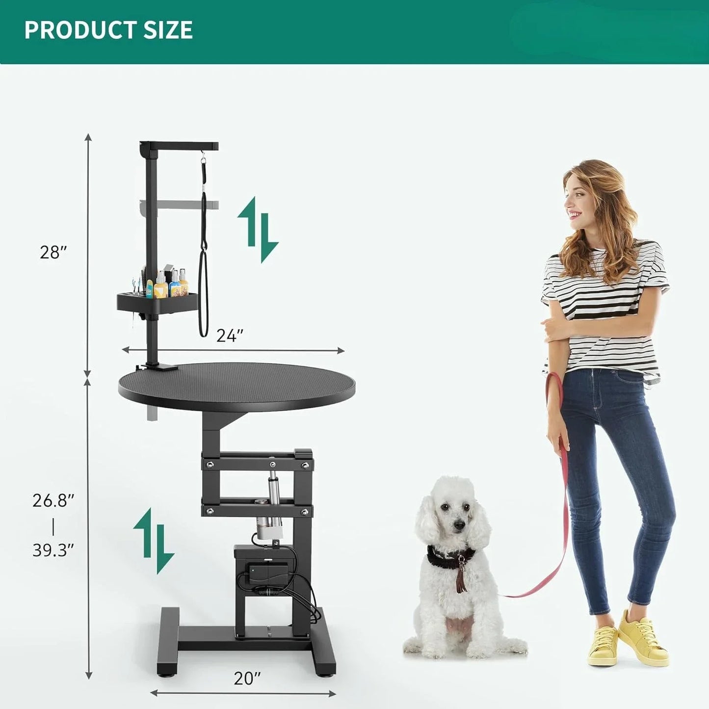 Electric Lift Dog Grooming Table 24" Rotating Desktop Pet Grooming Table for Dogs at Home, Adjustable Overhead Arm, Black