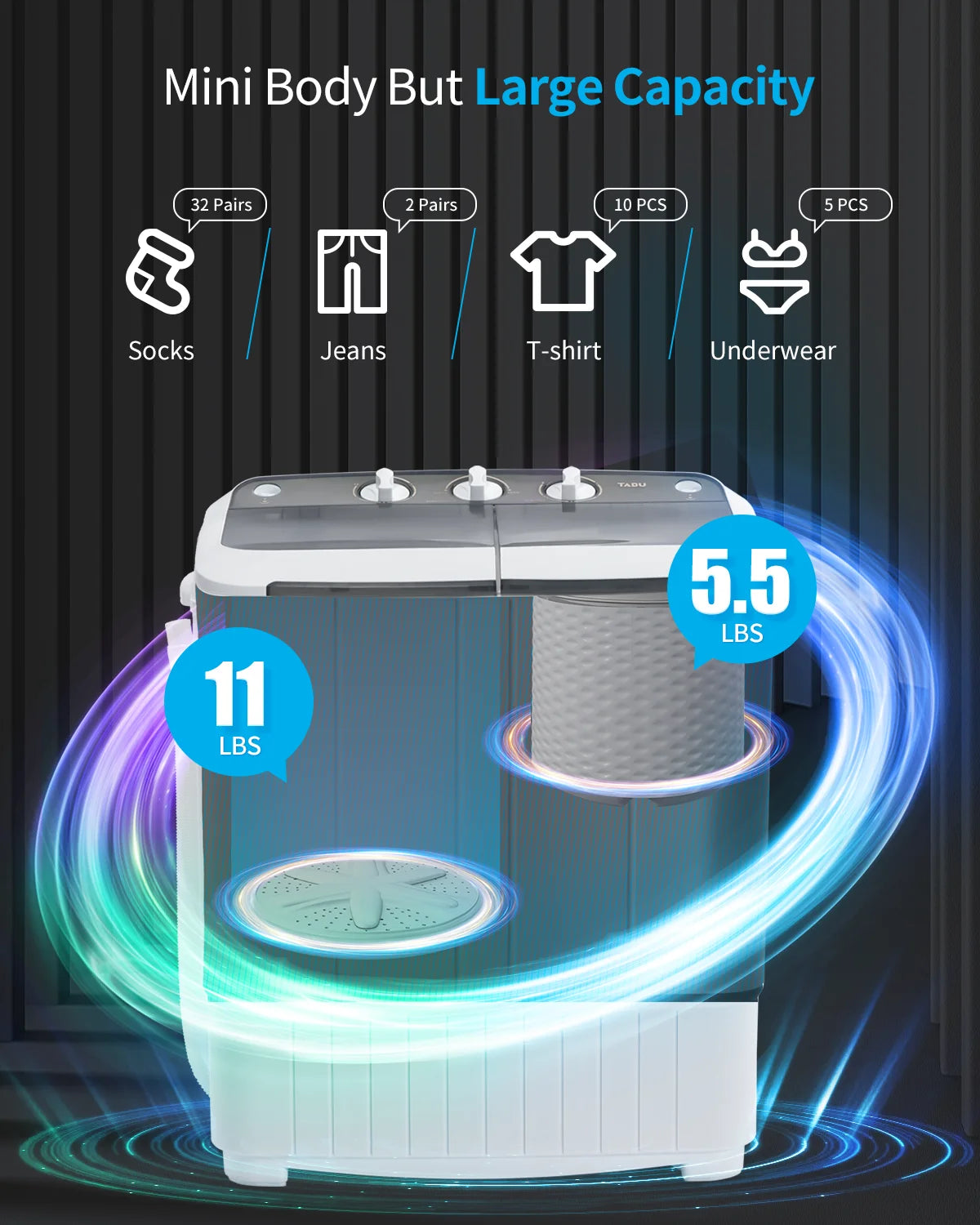 16.5Lbs Portable Twin Tub Washing Machine – Electric Semi-Automatic Washer & Spin Dryer Combo (Gray)