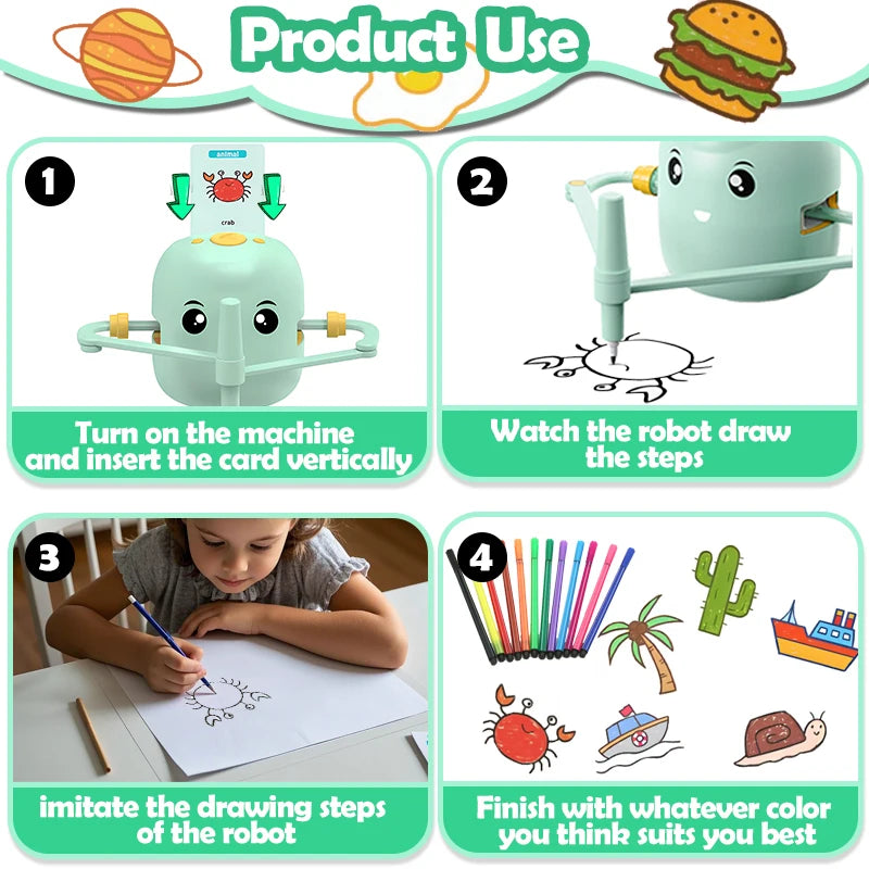 Drawing Robot for Kids, Interactive Educational Drawing Robot with Voice Interaction, Montessori Draw Learn Toy with 100 Words