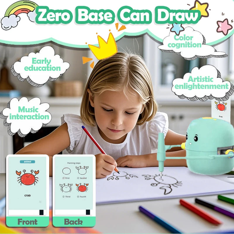 Drawing Robot for Kids, Interactive Educational Drawing Robot with Voice Interaction, Montessori Draw Learn Toy with 100 Words
