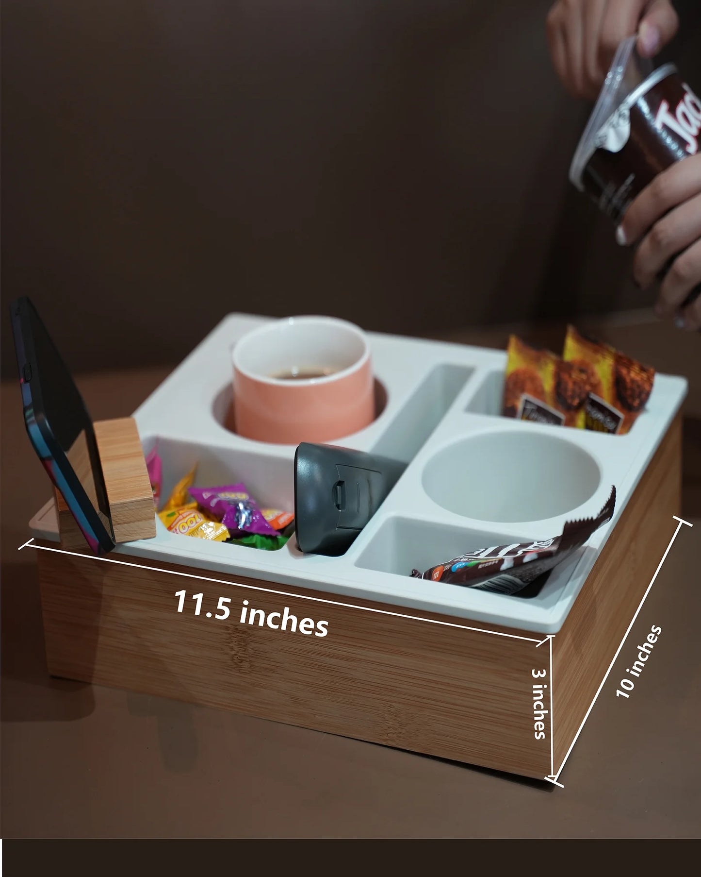 Couch Cup Holder Tray, Handy Silicone Bamboo Couch Caddy with Rotatable Phone Holder for Bed Car Seat Organizer, Waterproof Anti-Spill Sofa Cup Holder for Snacks Beverage Remote (Gray)