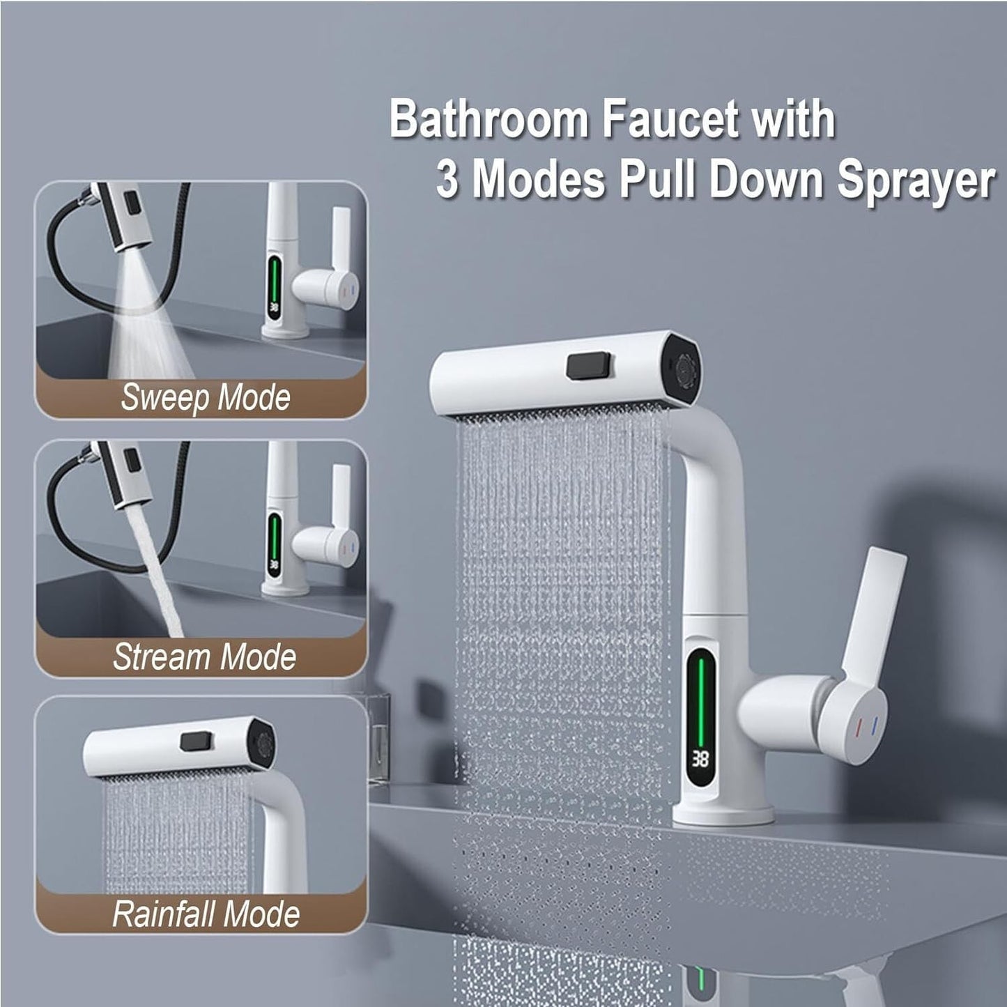 Modern Digital Bathroom Sink Faucet Single Handle Pull-Up Vanity Sink Faucet,...