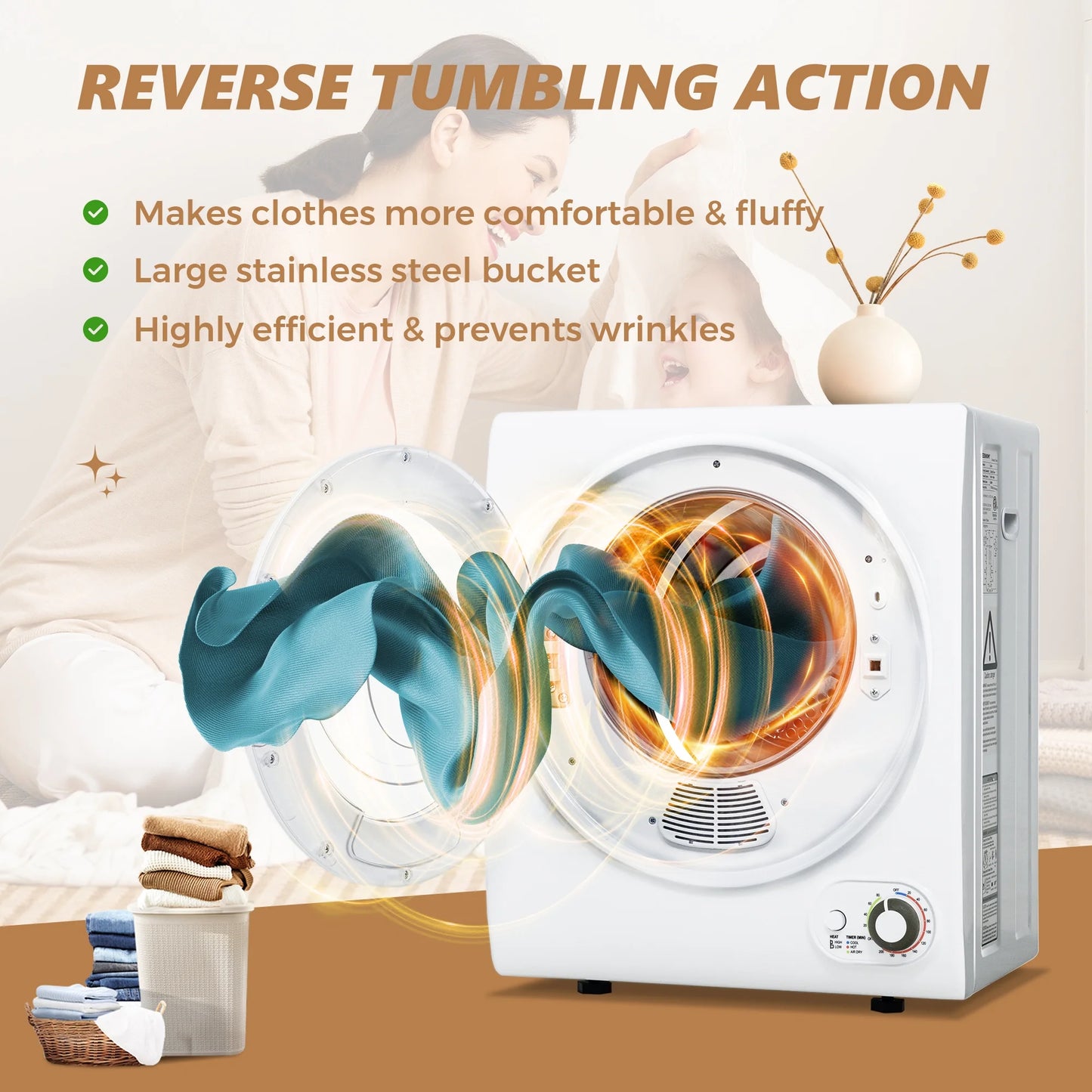 1.5 Cu.Ft Portable Clothes Dryer 850W Front Load with 200 Minute Timer for Apartment Home DOE Certified, White