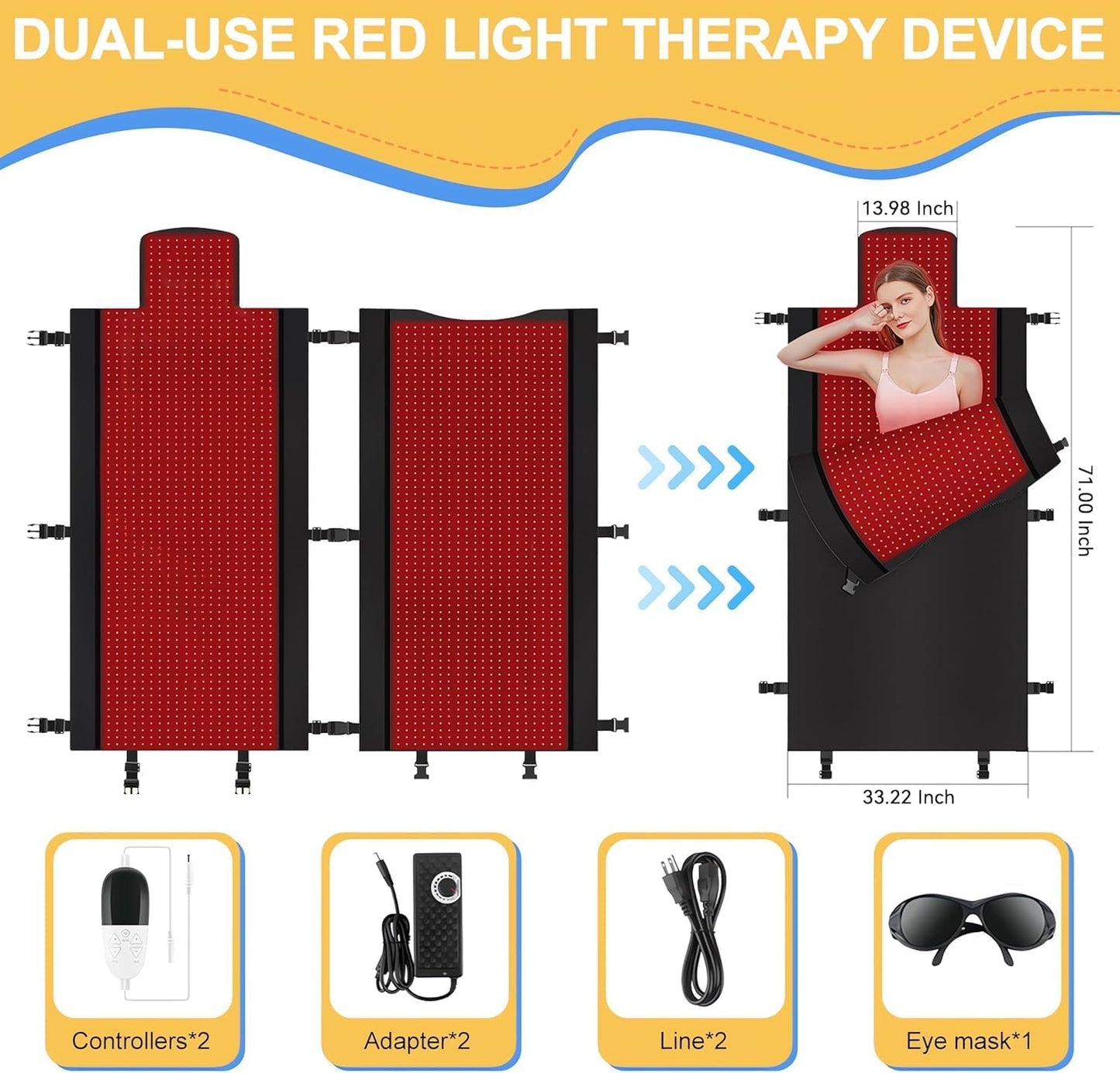 2025 New Dual Wavelength LED Beads 660Nm&850Nm Red Light Therapy Mat Full Body Used to Relieve Pain 71''X 33''(Black)