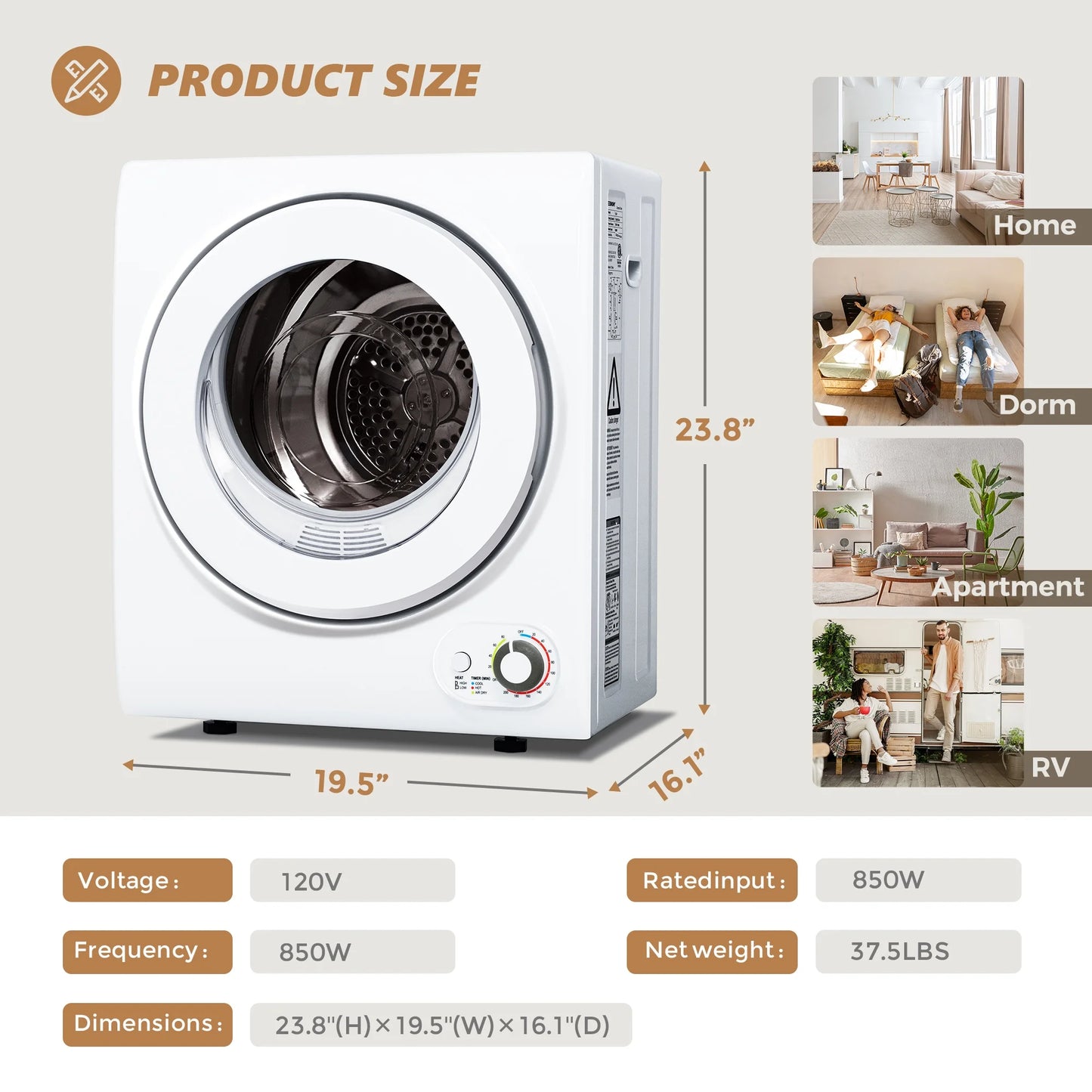 1.5 Cu.Ft Portable Clothes Dryer 850W Front Load with 200 Minute Timer for Apartment Home DOE Certified, White
