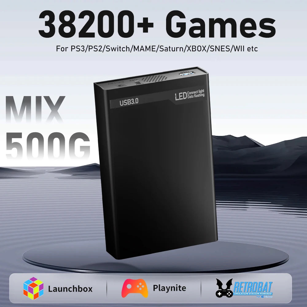 500G Game HDD Launchbox&Retrobat&Playnite System Game Console with 38200+Retro/Pc Games for Ps3/Ps2/Switch/Mame/Saturn/Xbox/Wii