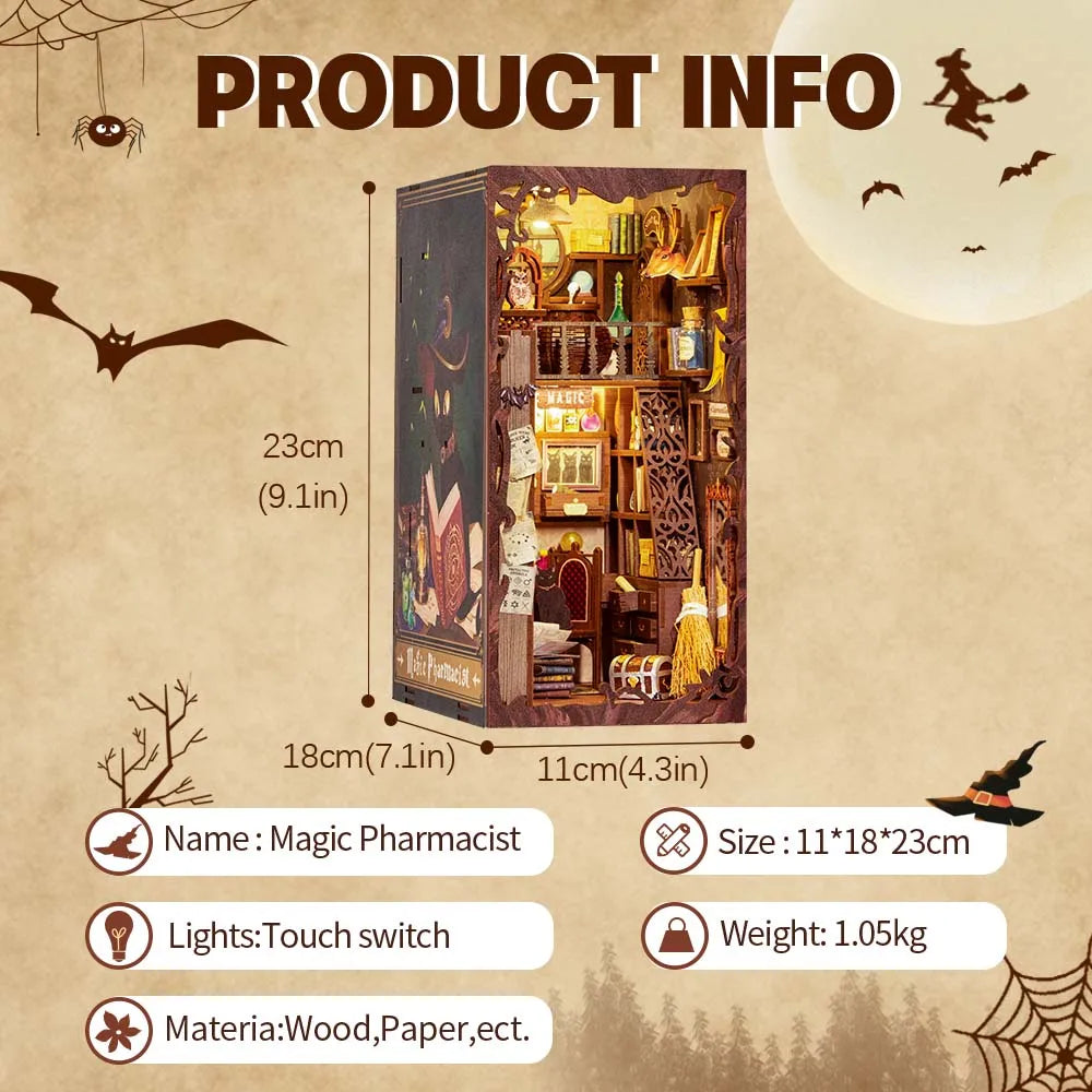DIY Book Nook Kit Miniature Dollhouse Book Nook Touch Lights with Furniture for Christmas Gifts (Magic Pharmacist )