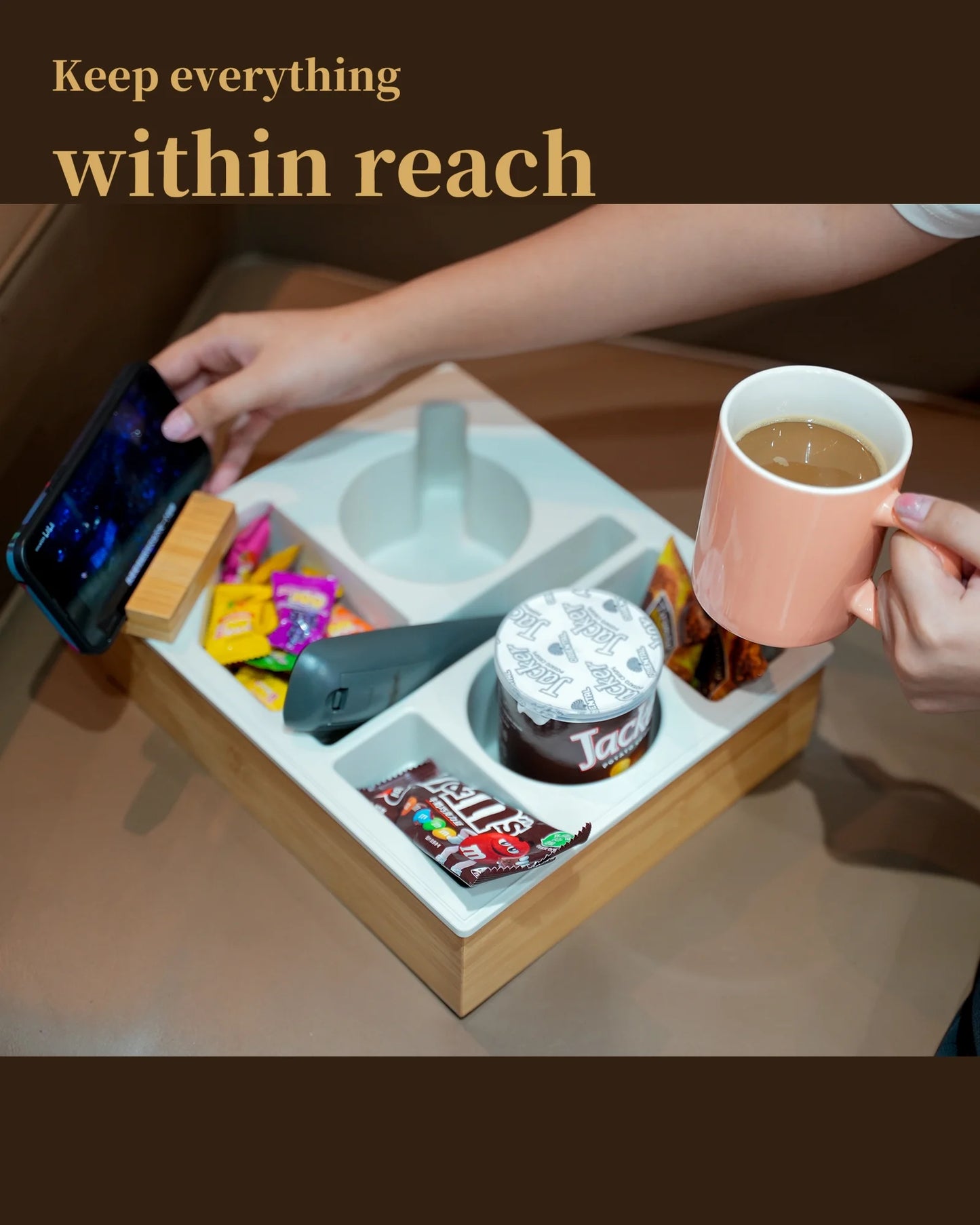 Couch Cup Holder Tray, Handy Silicone Bamboo Couch Caddy with Rotatable Phone Holder for Bed Car Seat Organizer, Waterproof Anti-Spill Sofa Cup Holder for Snacks Beverage Remote (Gray)