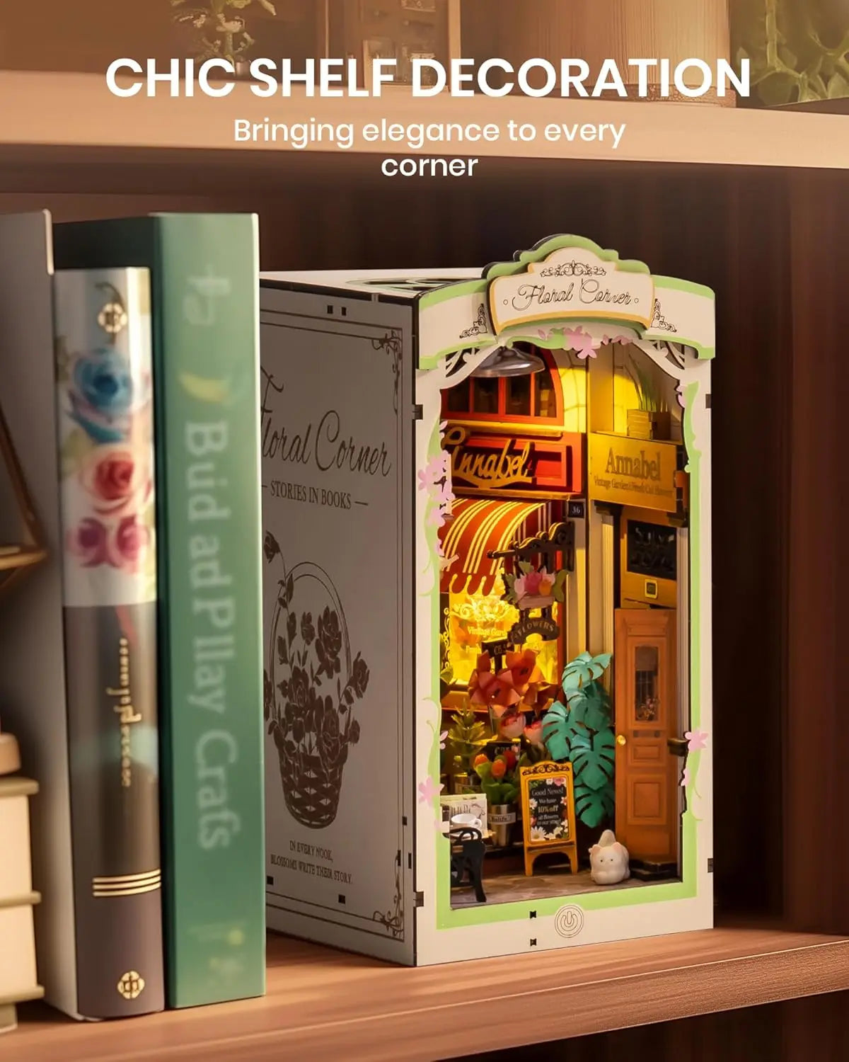 Floral Corner Book Nook Kits with LED Lights Miniature 3D Wooden Puzzle Bookend Book Shelf Decoration Gifts for Adults