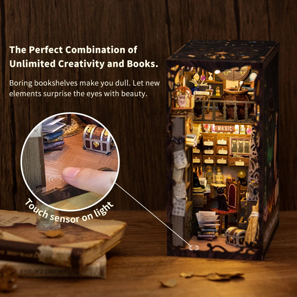 DIY Book Nook Kit Miniature Dollhouse Book Nook Touch Lights with Furniture for Christmas Gifts (Magic Pharmacist )