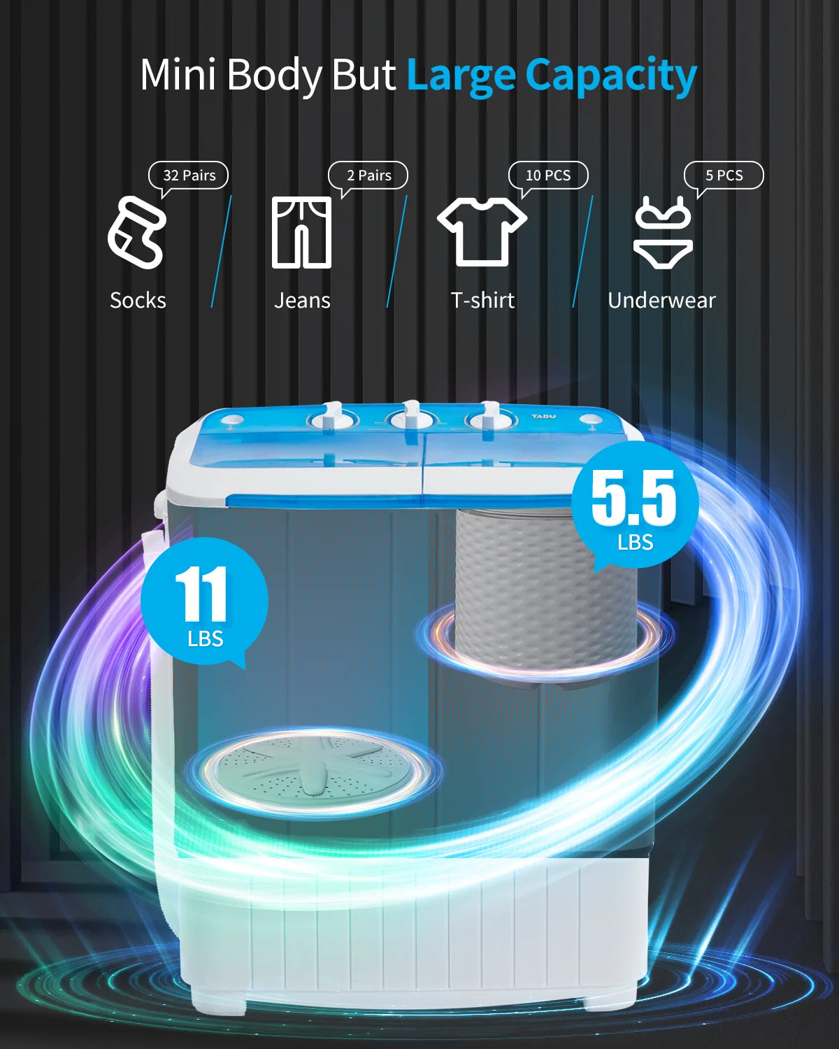 16.5Lbs Portable Washing Machine, Electric Twin Tub Wash&Spin Combo,Semi-Automatic Washer,White&Blue