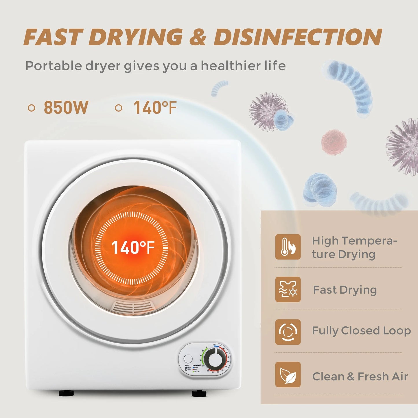 1.5 Cu.Ft Portable Clothes Dryer 850W Front Load with 200 Minute Timer for Apartment Home DOE Certified, White