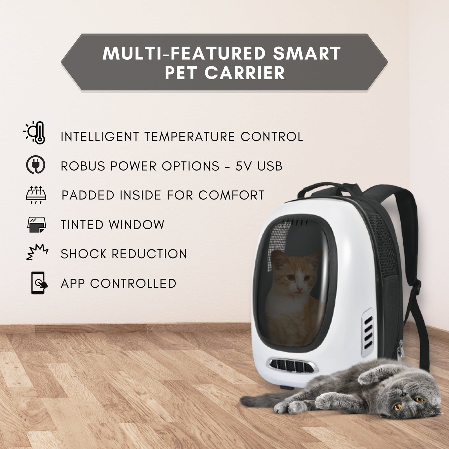 Trekpod Smart Pet Carrier Backpack for Cats, Small Dogs and Puppies Upto17 Lbs, Intelligent Temperature Control, App- Enabled with 5V USB Portable Outlet, Hiking & Outdoor Use (White)