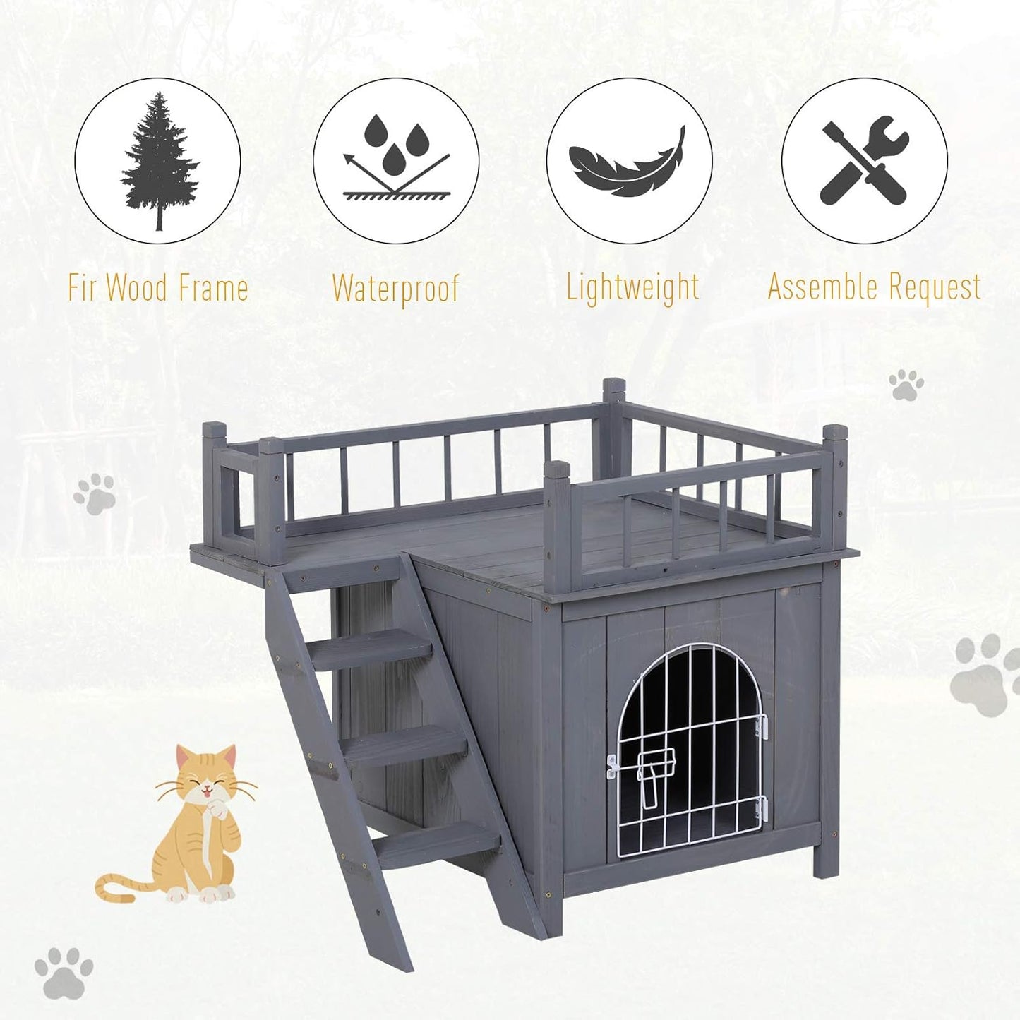 2-Level Wooden Cat House, Outdoor Dog Shelter Cat Condo with Lockable Wire Door and Balcony, Grey