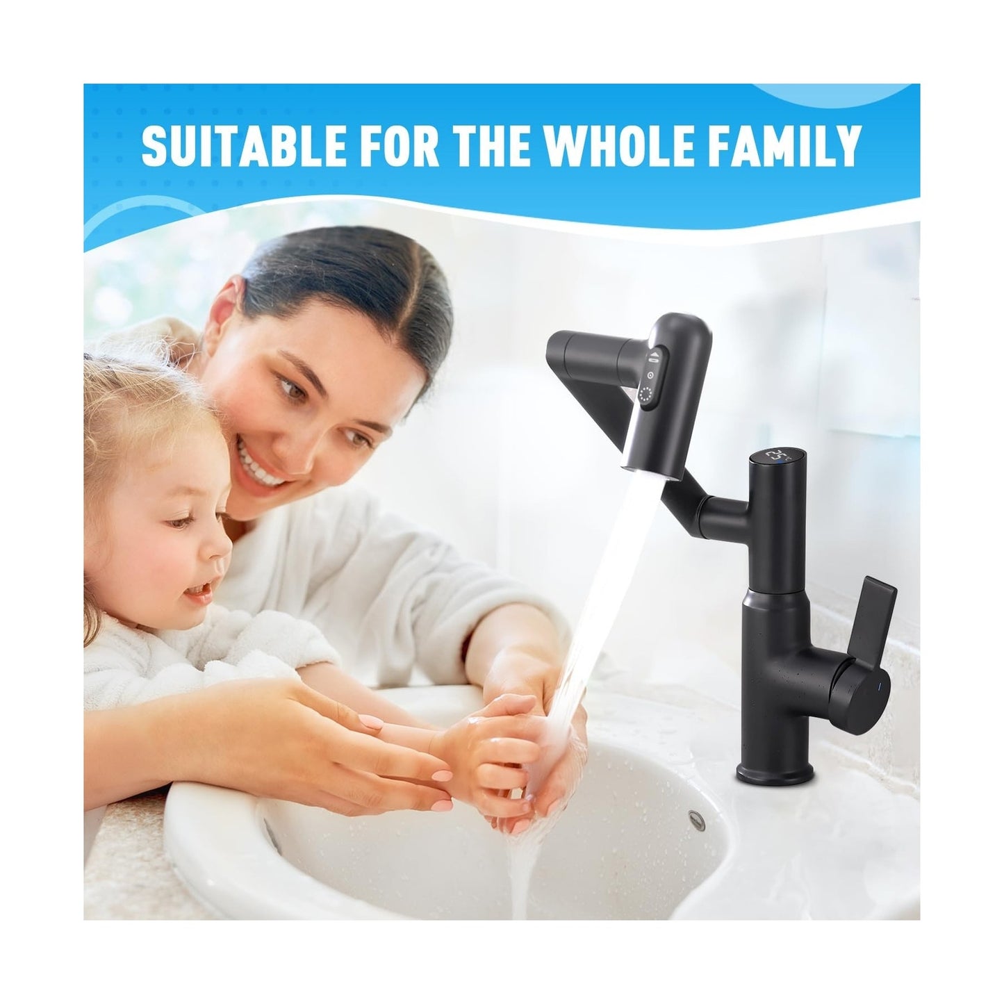 Rotatable Bathroom Faucet with Temperature Display in Celsius(Batter