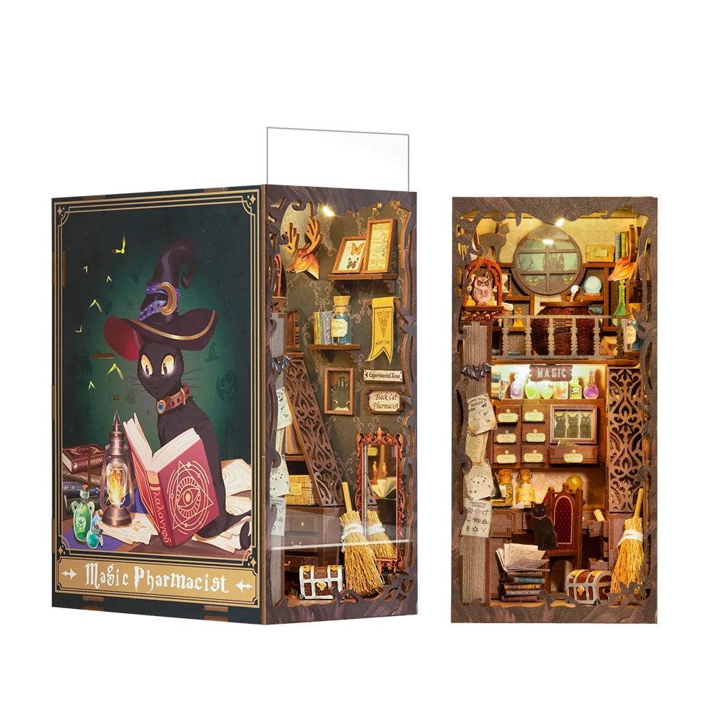 Wooden Dollhouse Kit Miniature Doll House Kits Booknook Bookshelf Book Nook with Dust Cover Bookends Christmas Gift