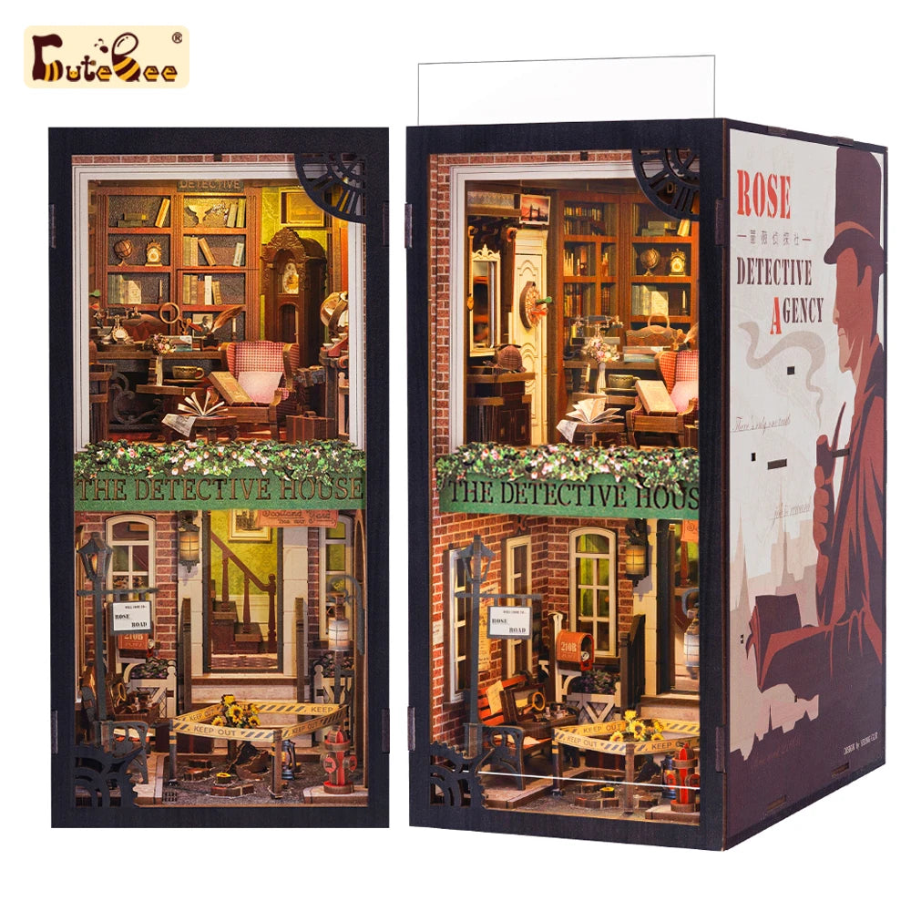 Wooden Dollhouse Kit Miniature Doll House Kits Booknook Bookshelf Book Nook with Dust Cover Bookends Christmas Gift