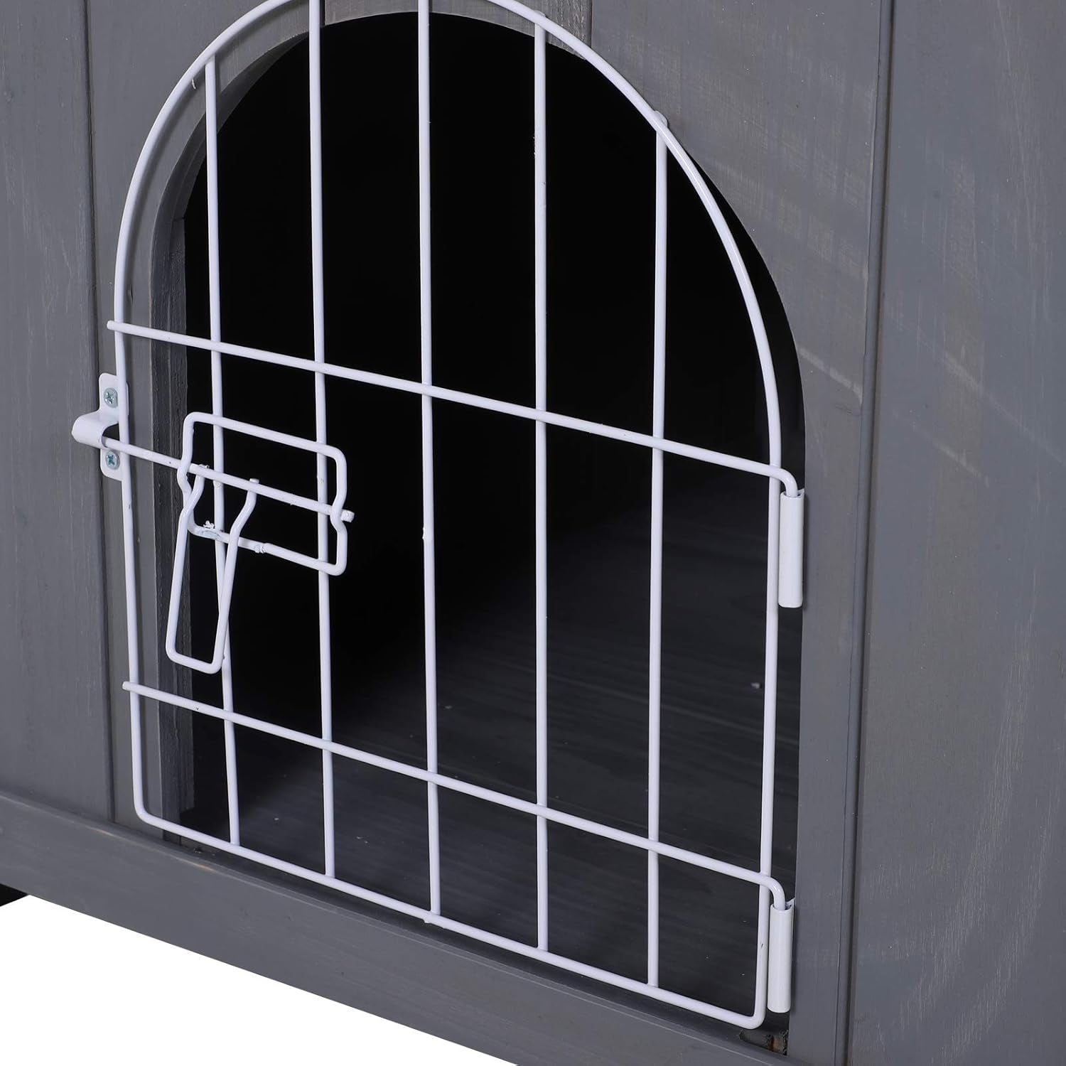 2-Level Wooden Cat House, Outdoor Dog Shelter Cat Condo with Lockable Wire Door and Balcony, Grey