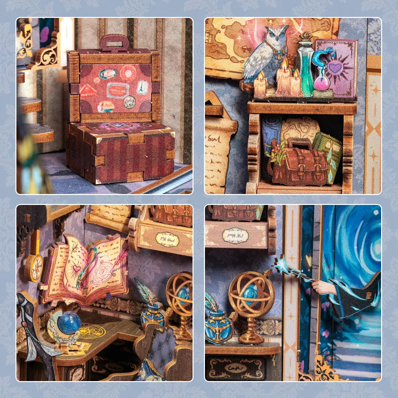 Book Nook DIY Mini Dollhouse with Light Wooden Bookshelf Insert Soul Travel Agency Booknook Decor 3D Puzzle for Gifts