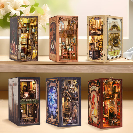 Wooden Dollhouse Kit Miniature Doll House Kits Booknook Bookshelf Book Nook with Dust Cover Bookends Christmas Gift