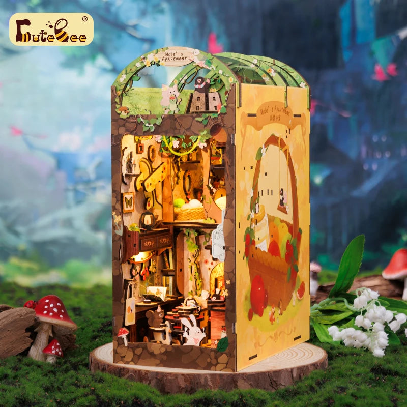 Wooden Dollhouse Kit Miniature Doll House Kits Booknook Bookshelf Book Nook with Dust Cover Bookends Christmas Gift