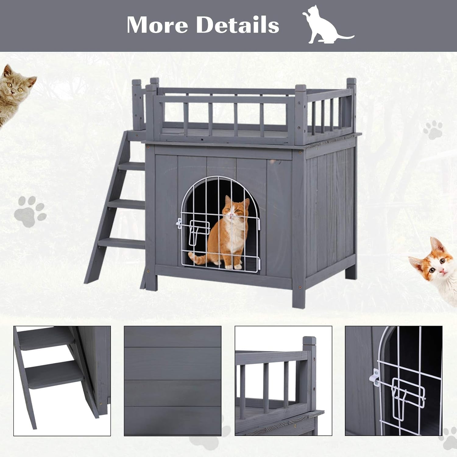 2-Level Wooden Cat House, Outdoor Dog Shelter Cat Condo with Lockable Wire Door and Balcony, Grey