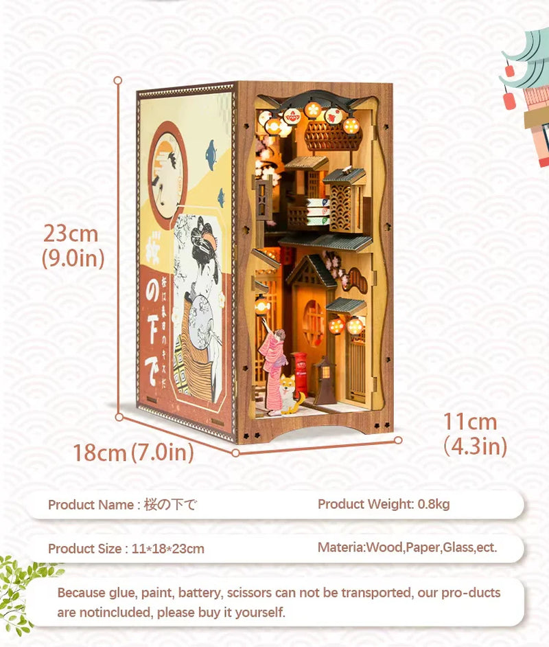 Handmade Craft Japanese Theme Sakura Theme Diy Book Nook with Light Night Light Model Dollhouse