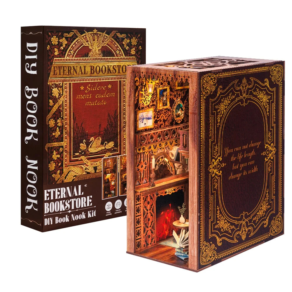 Wooden Dollhouse Kit Miniature Doll House Kits Booknook Bookshelf Book Nook with Dust Cover Bookends Christmas Gift