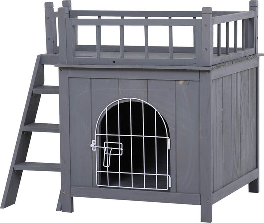 2-Level Wooden Cat House, Outdoor Dog Shelter Cat Condo with Lockable Wire Door and Balcony, Grey