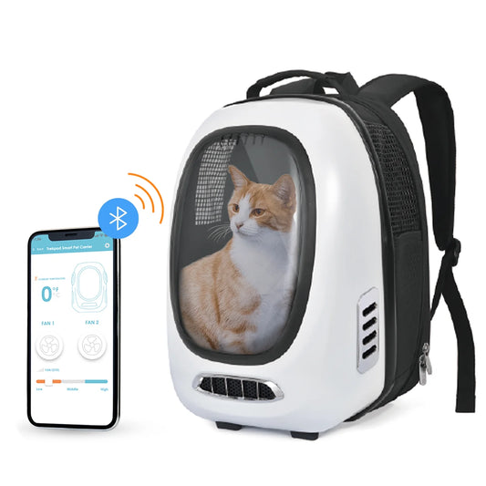 Trekpod Smart Pet Carrier Backpack for Cats, Small Dogs and Puppies Upto17 Lbs, Intelligent Temperature Control, App- Enabled with 5V USB Portable Outlet, Hiking & Outdoor Use (White)