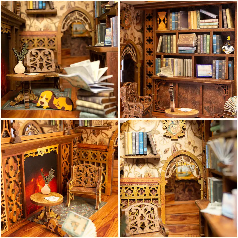 Wooden Dollhouse Kit Miniature Doll House Kits Booknook Bookshelf Book Nook with Dust Cover Bookends Christmas Gift