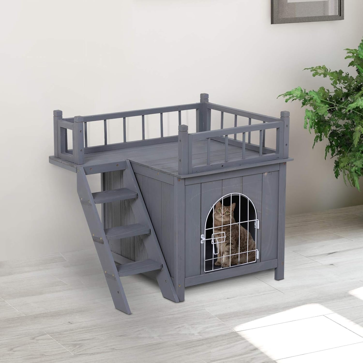 2-Level Wooden Cat House, Outdoor Dog Shelter Cat Condo with Lockable Wire Door and Balcony, Grey