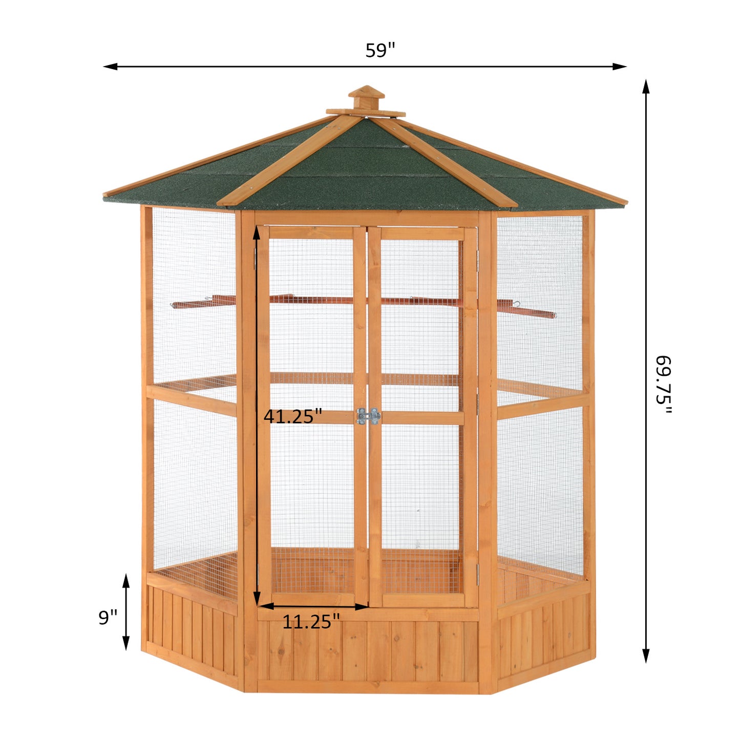 69 Large Wooden Bird Aviary Hexagonal Outdoor Aviary Flight Bird Cage With Covered Roof, Brown